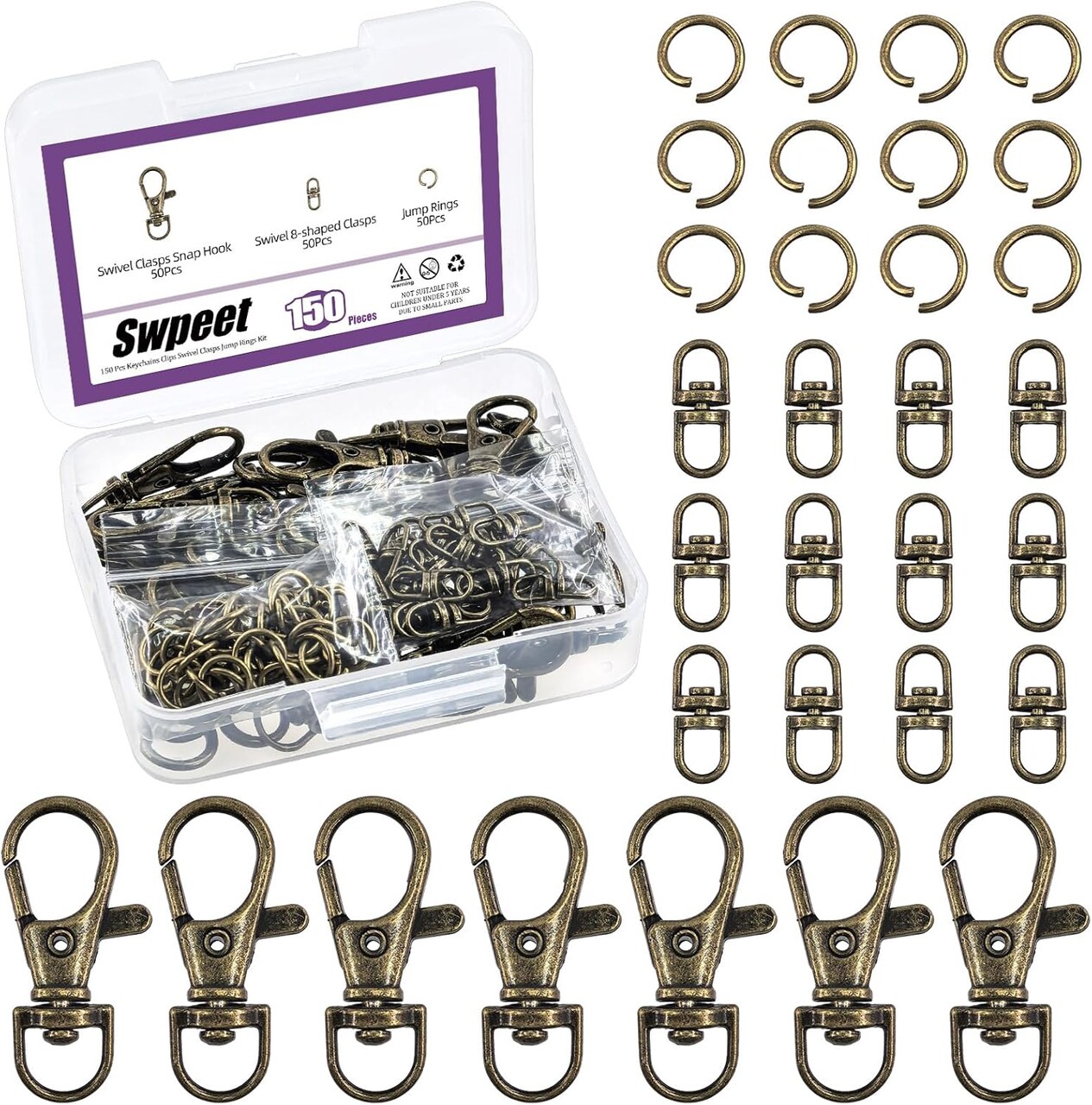 Assorted 150-Piece Bronze Keychain Making Kit – Includes 50 swivel lobster claw clasps, 50 rotating 8-shaped buckle clasps, 50 jump rings, swivel trigger hooks, and swivel lanyard snap hooks.